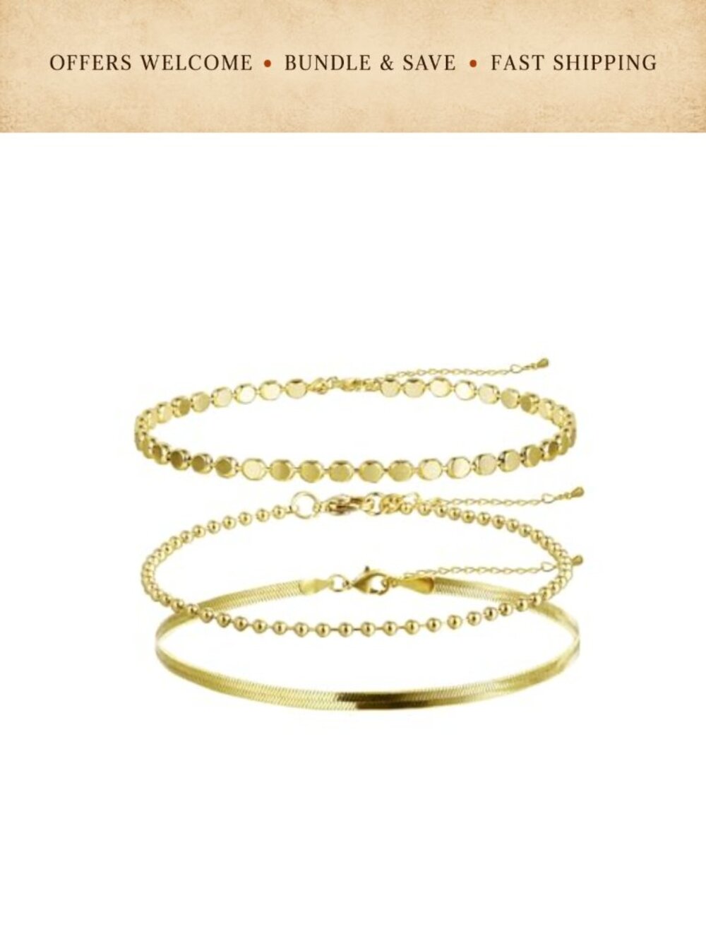14K Gold Plated Bracelet Stack Set 3pc Snake Beaded Chain Everyday